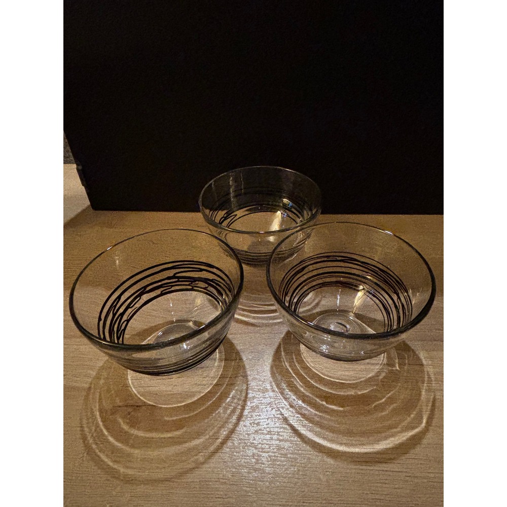 3 Hand Blown Glass Finger Bowls MCM w Black raised Stripes Retro Barware Pontil